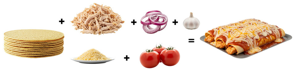Ingredients for making delicious chicken enchiladas on white background  