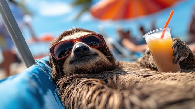A laid-back sloth wearing sunglasses lounges on a beach chair while sipping a drink, embodying the essence of relaxation and carefree days under the sun in a vibrant beach setting.