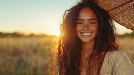 A joyful woman smiles brightly, sheltered by an umbrella as the sun sets in the background, radiating warmth and capturing the essence of a serene, carefree moment outdoors.