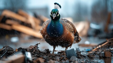 Fototapeta premium A magnificent peacock stands proudly in an urban setting, showcasing its vibrant feathers while adding an unexpected touch of nature amidst the backdrop of twisted, discarded objects.
