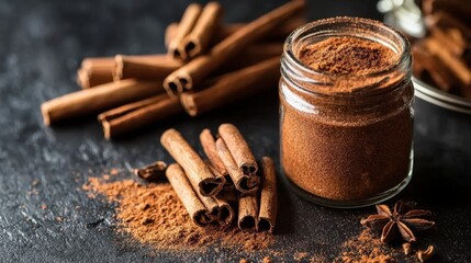 Natural cinnamon sticks and ground cinnamon in a jar on a dark background with assorted spices around