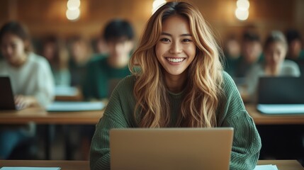 A cheerful young woman smiles while engaging with her laptop in a classroom setting, embodying enthusiasm for learning and connection with peers around her.