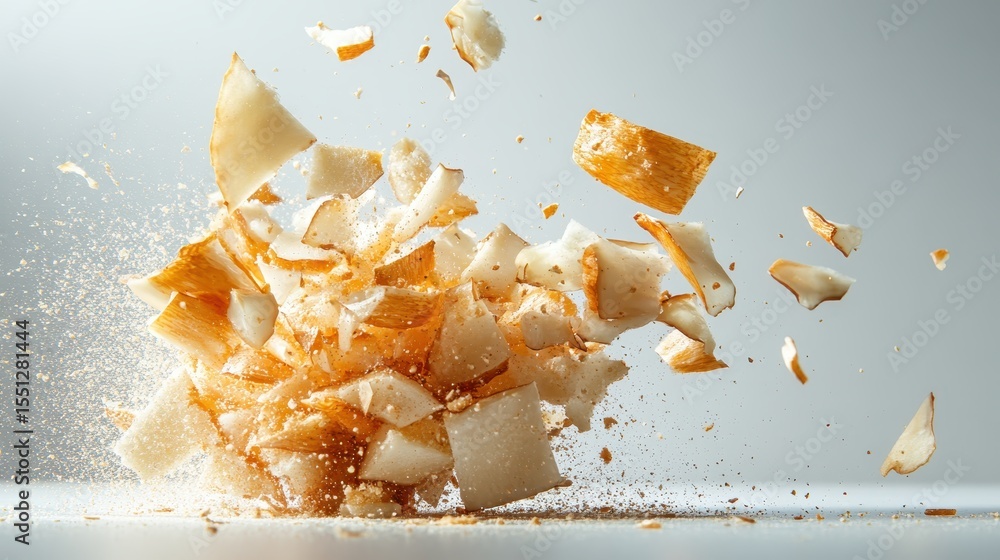 Poster A dramatic shot capturing chips exploding and creating a stunning splatter effect against a clean backdrop, focusing on texture and movement in a culinary spectacle.