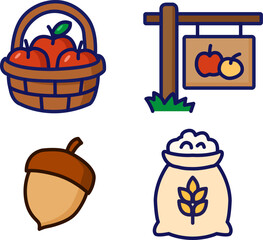 Flat vector icons of harvest season including apple basket, acorn, market sign, and wheat. Farm and autumn market style.