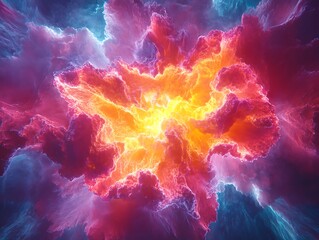 Cosmic burst in vibrant, swirling hues, radiating energetic plasma