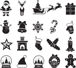 Black and White Christmas Icons Set Santa Claus Reindeer Sleigh Snowman Bell Snowflake Candy Cane Mitten Star Fireplace Stocking