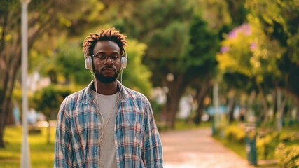 Solitude in the Park: A relaxed individual with closed eyes enjoys a leisurely walk, immersed in music and nature's embrace within a vibrant park setting.