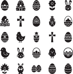 Black and White Easter Icons Collection featuring Eggs Bunnies Chicks Crosses Flowers and Easter Baskets