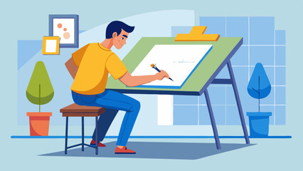 Creative artist sketches on a drafting table, designing a blueprint or artwork in a studio or creative office, suitable for print and digital uses.
