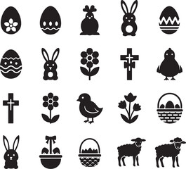 Obraz premium Black and White Easter Icons Set featuring Rabbits Chickens Eggs Flowers Crosses Lambs and Baskets