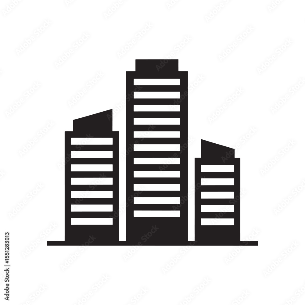 Poster stylized cityscape icon design with three buildings representing urban development and modern archit