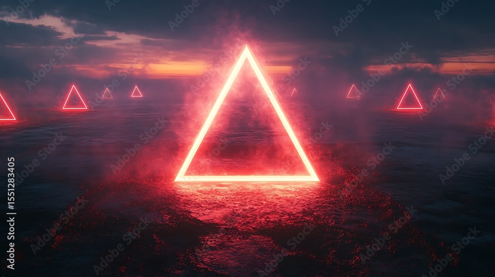 Poster illuminated triangles in a foggy landscape at dusk, creating an ethereal and surreal atmosphere