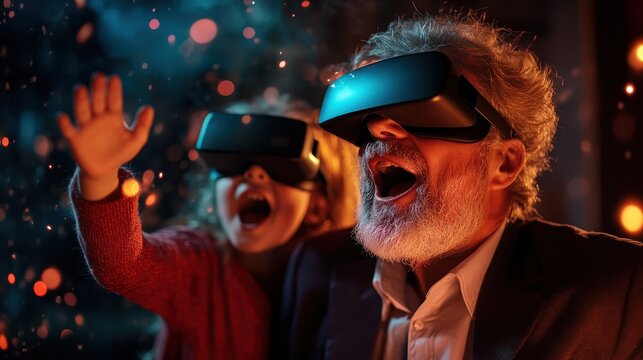 A grandparent and a child immersed in a virtual reality experience, both expressing excitement and joy. This image highlights the bond and shared adventure between generations.