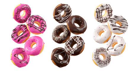 Assorted donuts with colorful icing, sprinkles, and chocolate isolated on white transparent background. 3d rendering and illustration of dessert variety