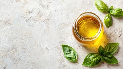 Fresh basil leaves beside a jar of olive oil on a textured surface in a kitchen setting