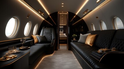 An elegant interior of a private jet, featuring sophisticated furnishings and a sleek design, representing the epitome of luxury travel and comfort.