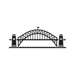 Monochrome Silhouette of a Iconic Arch Bridge Structure Over Water with a Small Flag on Top of the Arch