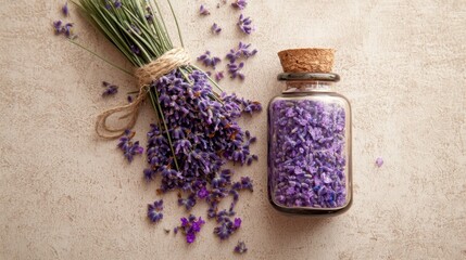 Lavender bouquet and glass jar of dried lavender flowers on textured background