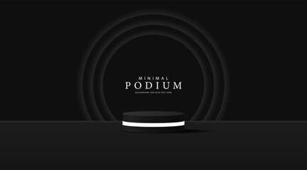 3D product display stand. black and white geometric platform on black background. Abstract geometric shapes in a simple design. Fashion stage mockup scene. Studio product display stand.