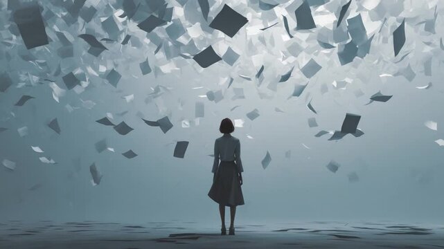 Lost in a Sea of Paperwork: A solitary figure stands amidst a swirling vortex of documents, a metaphor for the overwhelming complexities and burdens. The scene captures the weight of obligations