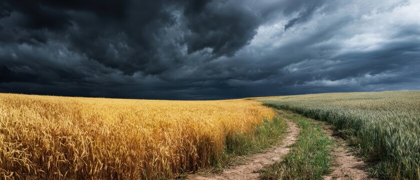 The dramatic contrast of golden wheat fields under a stormy sky
