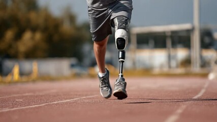Defying Limitations: A determined athlete with a prosthetic leg strides forward on a track. showcasing resilience and the pursuit of dreams - Powered by Adobe