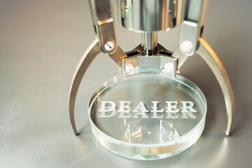 The robot holding the dealer symbol signifies AI's role in finding quality dealers. The laser-engraved "Dealer" on the glass plate represents trust and confidence with a leading company.