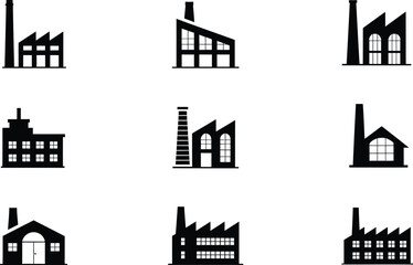 Fototapeta premium Industrial Factory Silhouette Icon Set Featuring Nine Distinct Black Shapes Arranged in a 3x3 Grid—Each Factory Design Showcasing Varying Rooflines, Chimney Styles, and Window Configurations—Capturing