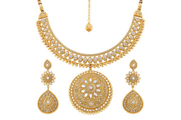Elegant gold necklace set with matching earrings and maang tikka on a black background display