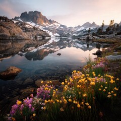Naklejka premium Alpine lake reflects snow capped mountains and wildflowers at sunrise