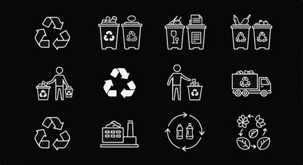 Recycling icons in minimalistic style on black background