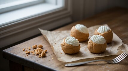 Fototapeta premium Delicious cream puffs on rustic table by window