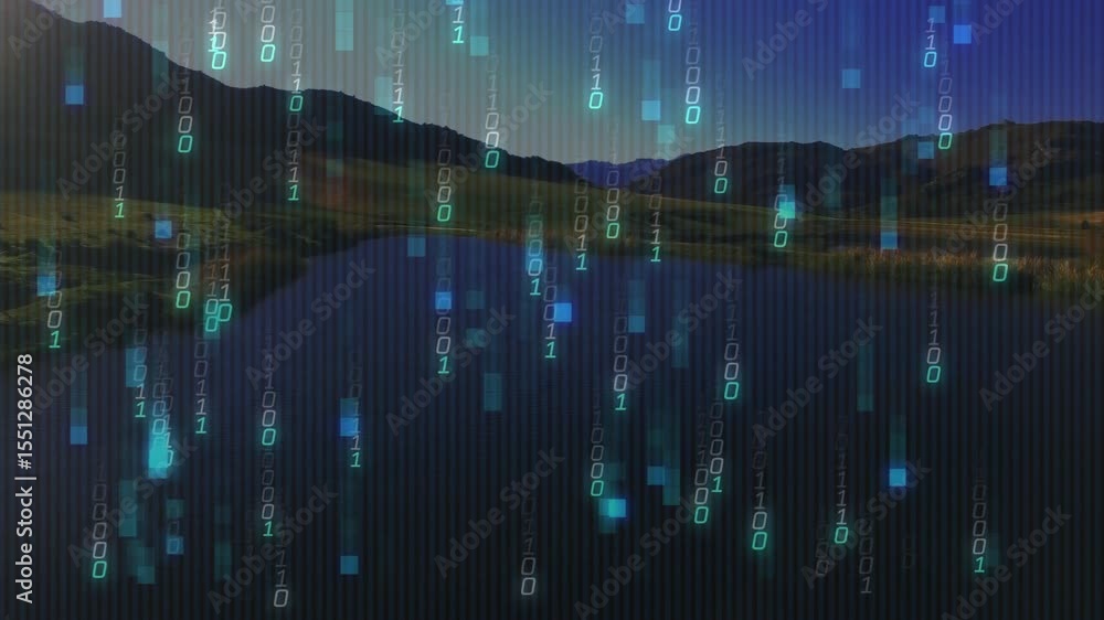 Poster mountain lake reflecting dusk sky one second before binary digits cascading to show digital overlay