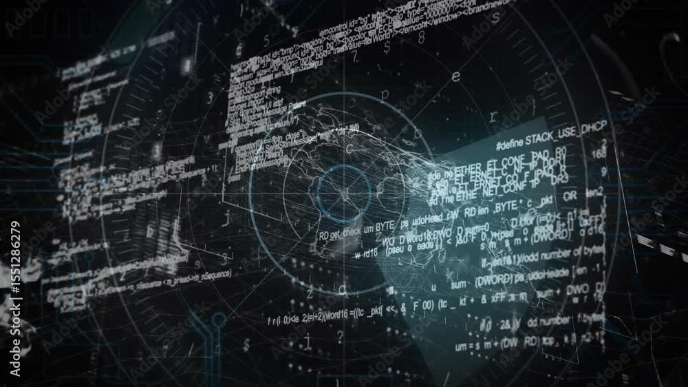Aufkleber rotating scanning beam sweeping globe while cascading code and flashing warning cybercrime alerts