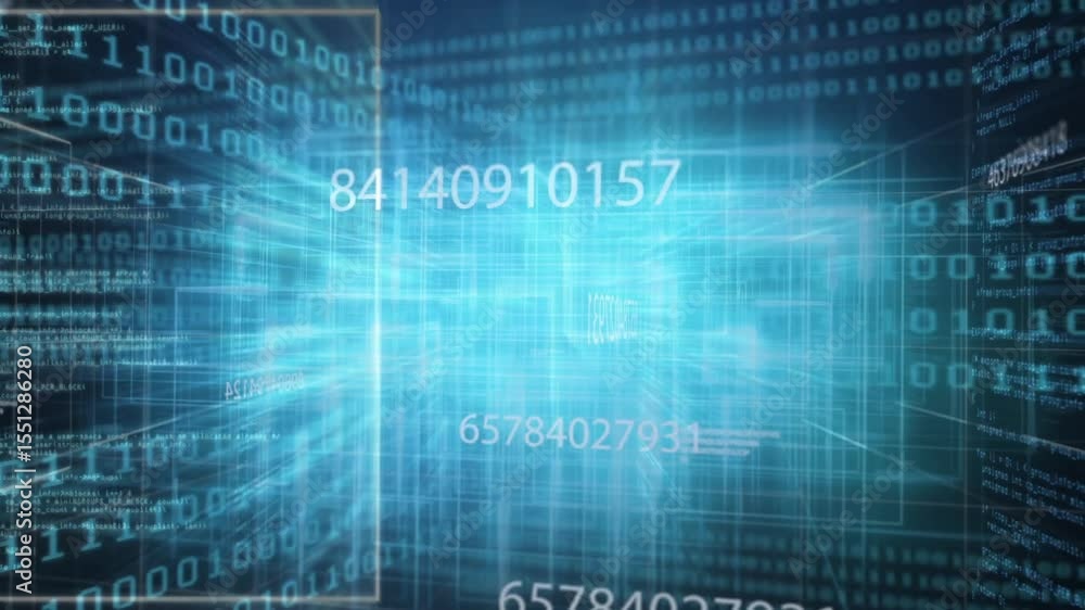 Poster scrolling binary code initiating rotation 3d grid expanding and shifting to visualize data flow