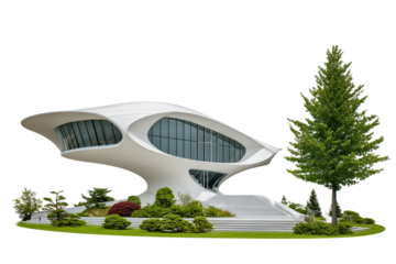 A modern museum with futuristic architecture, isolated on a transparent background.