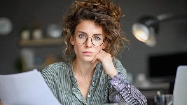 Intense Focus in the Office: Captivating portrait of a professional, completely engrossed in her work, surrounded by a modern office setting, capturing the essence of concentration and dedication.