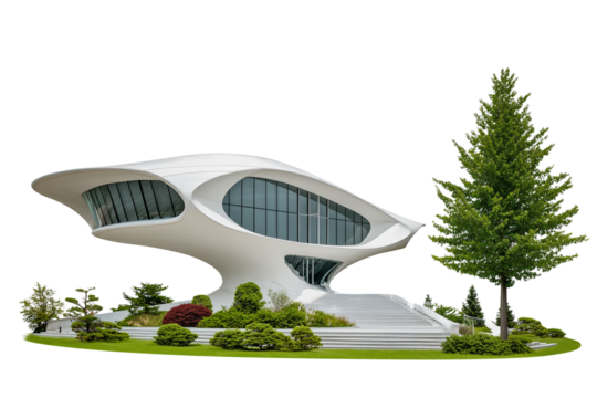 A modern museum with futuristic architecture, isolated on a transparent background.