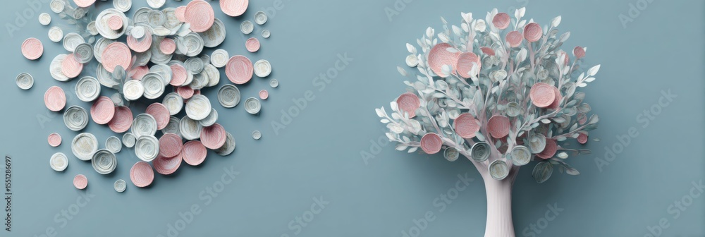 Poster creative budgeting tree formed from receipts and coins in an abstract pastel style with gentle color