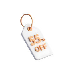 3d render of a white tag with fifty five percent off discount in peach color