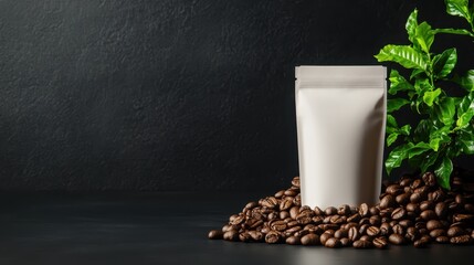 An elegant coffee package displayed prominently amidst a pile of rich coffee beans, signaling quality and passion for coffee culture and gourmet experiences.