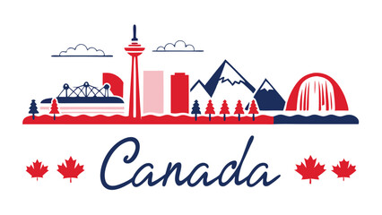 Canada Skyline Vector Graphic with Maple Leaves Mountains Cities Landmarks Travel Destination Icon