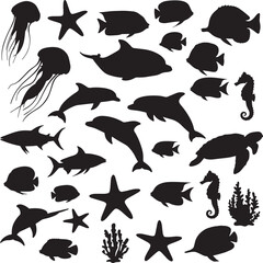 Fototapeta premium Vector art of collection of various marine animals silhouettes isolated on white background