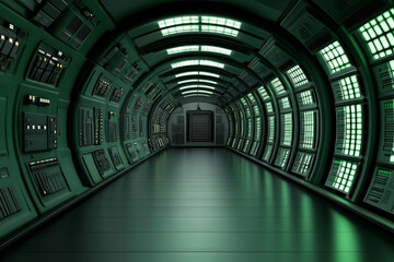 Futuristic holographic corridor illuminated in glowing green with high-tech interfaces on the walls