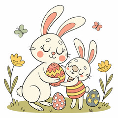 Fototapeta premium Delightful easter bunnies sharing decorated eggs in a springtime illustration