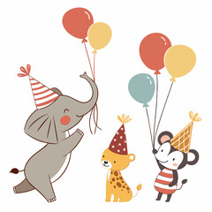 Festive animals celebrating with balloons, perfect for children's illustrations