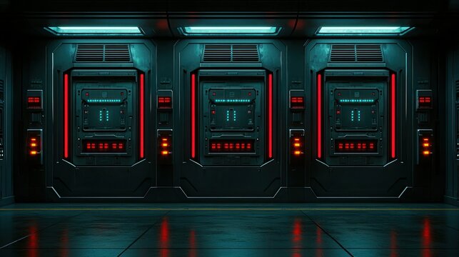 Sci-fi wall w/red accents, blue lights, dark, futuristic