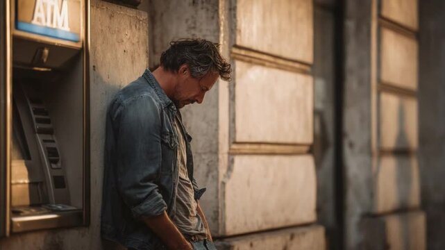 Financial Burden: A man leans against a weathered wall next to an ATM, a somber display of economic hardship.