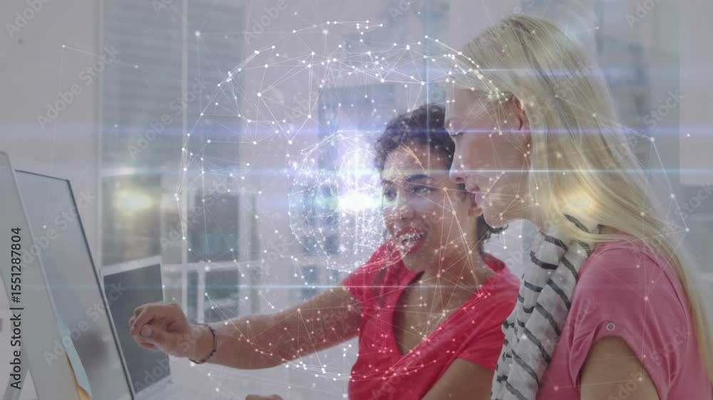 Poster brunette tech analyst pointing 3d globe on screen and colleague analyzing network nodes for insight