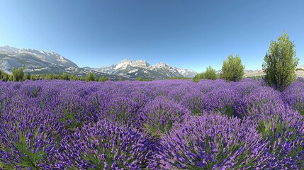 Naklejka premium Lavender field with majestic mountains under a clear blue sky during midday